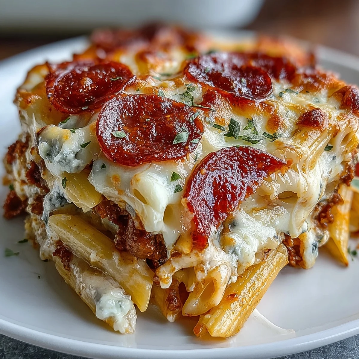 Freshly baked High-Protein Pizza Pasta Bake in a casserole dish, ready to serve with a crisp green salad.