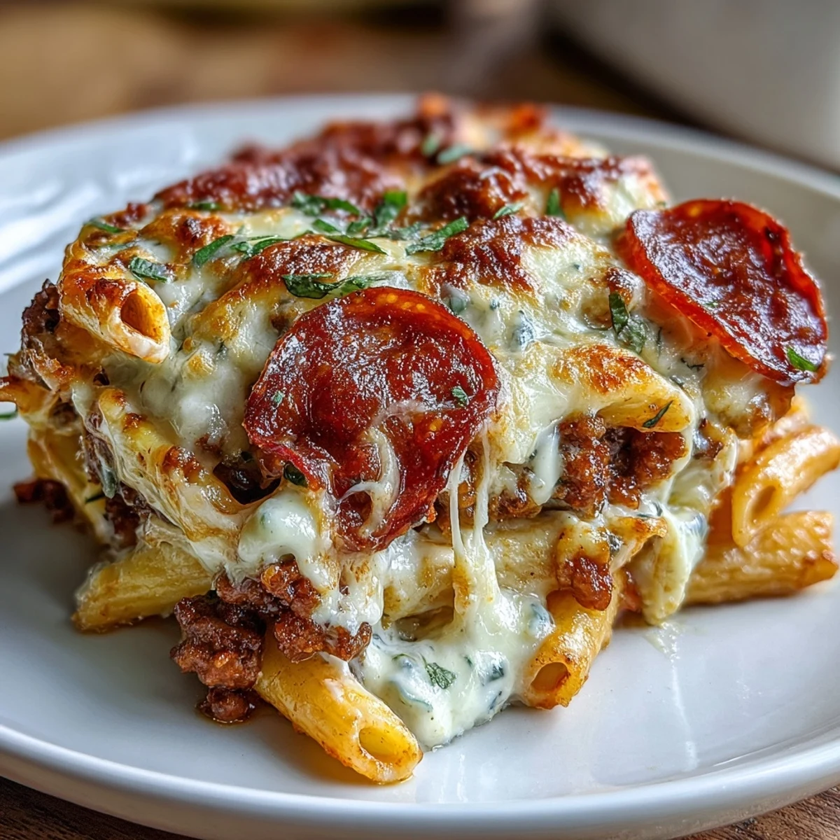 Cheesy High-Protein Pizza Pasta Bake with lean ground beef and penne, steaming on a rustic wooden table.