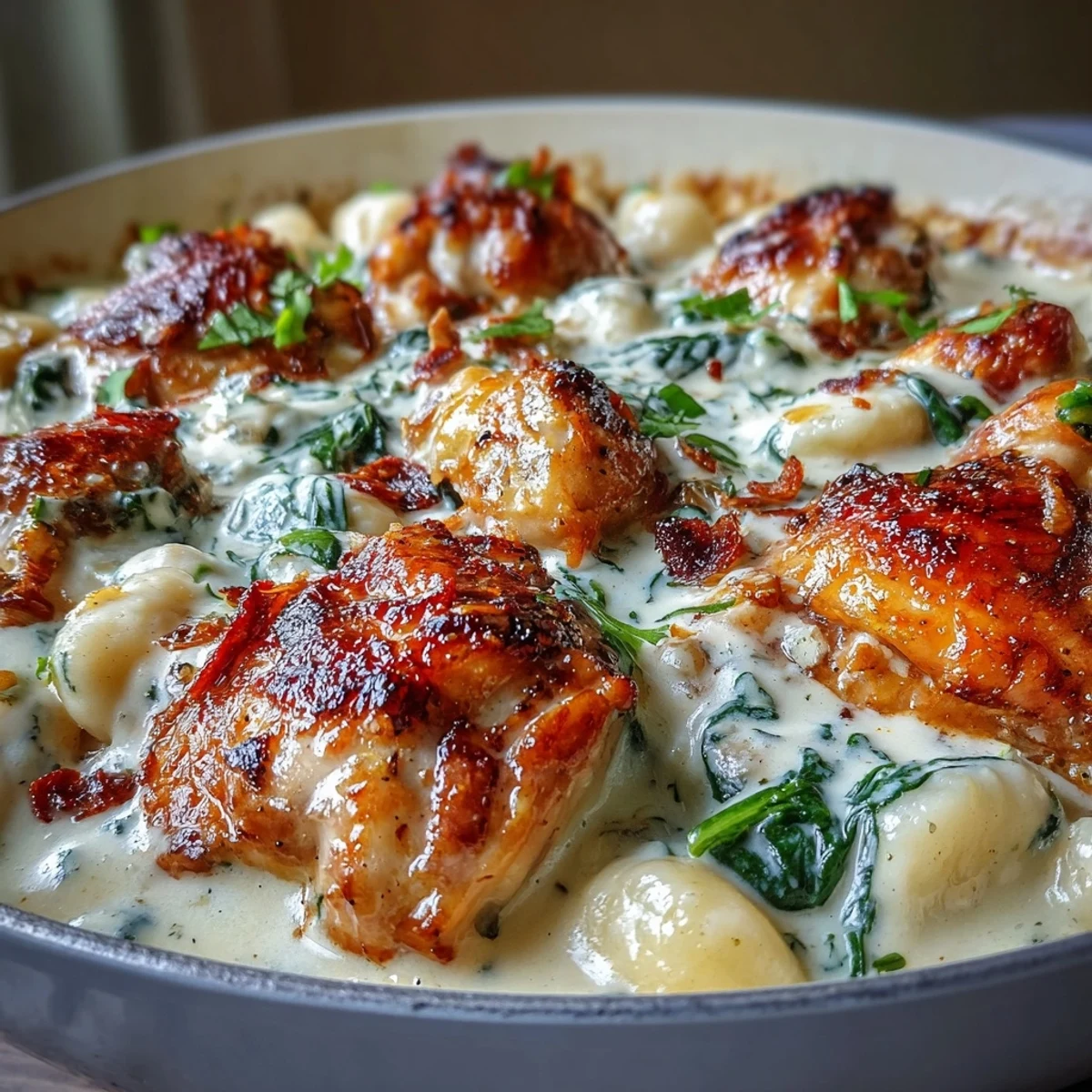 Golden-brown chicken thighs and gnocchi in a creamy garlic Parmesan sauce, studded with wilted spinach in a single oven-safe skillet.