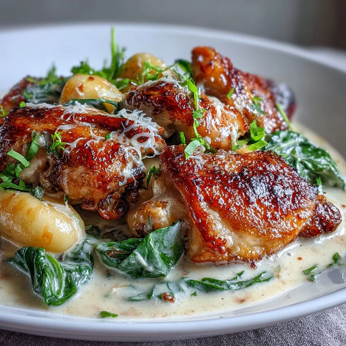 Tender chicken and potato gnocchi coated in a rich, garlicky cream sauce, finished with red pepper flakes for a cozy weeknight dinner.