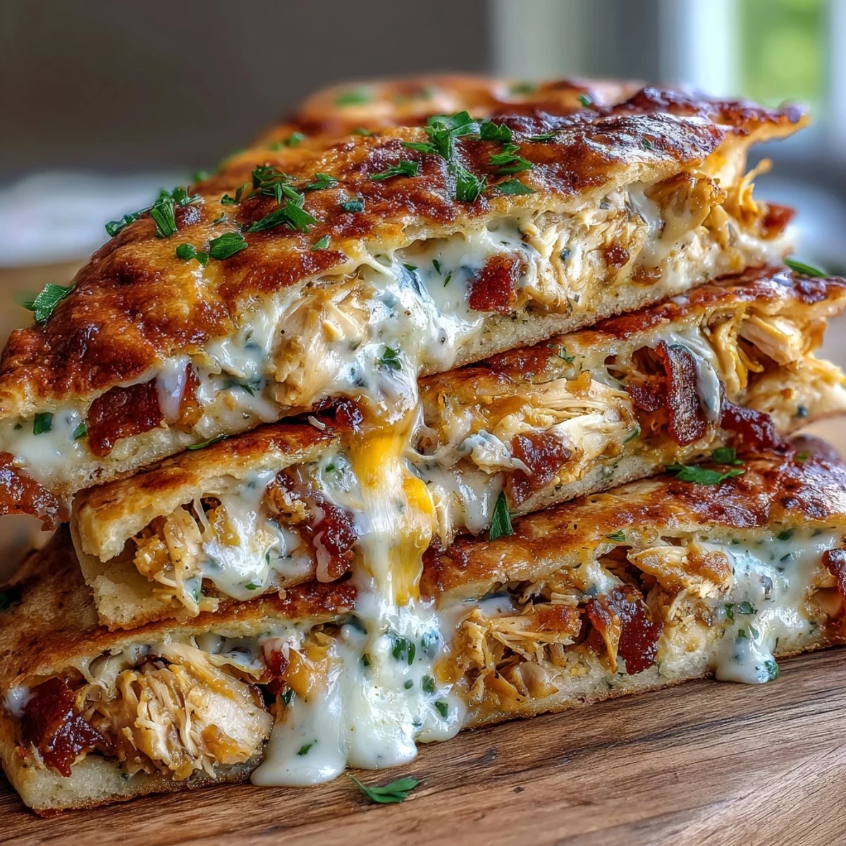 Cheddar and bacon peek from a warm, golden garlic naan, ready to serve.