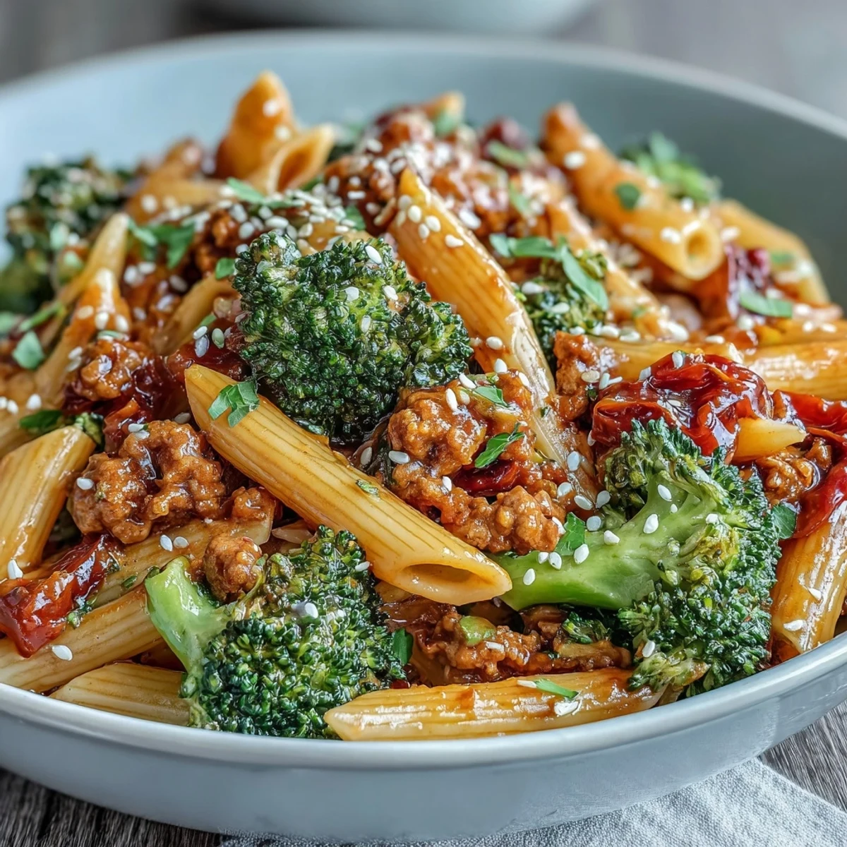 Close-up of Sweet & Spicy Turkey Broccoli Pasta featuring sautéed lean ground turkey and crisp-tender broccoli florets in a glossy, sweet and spicy sauce coating penne pasta.