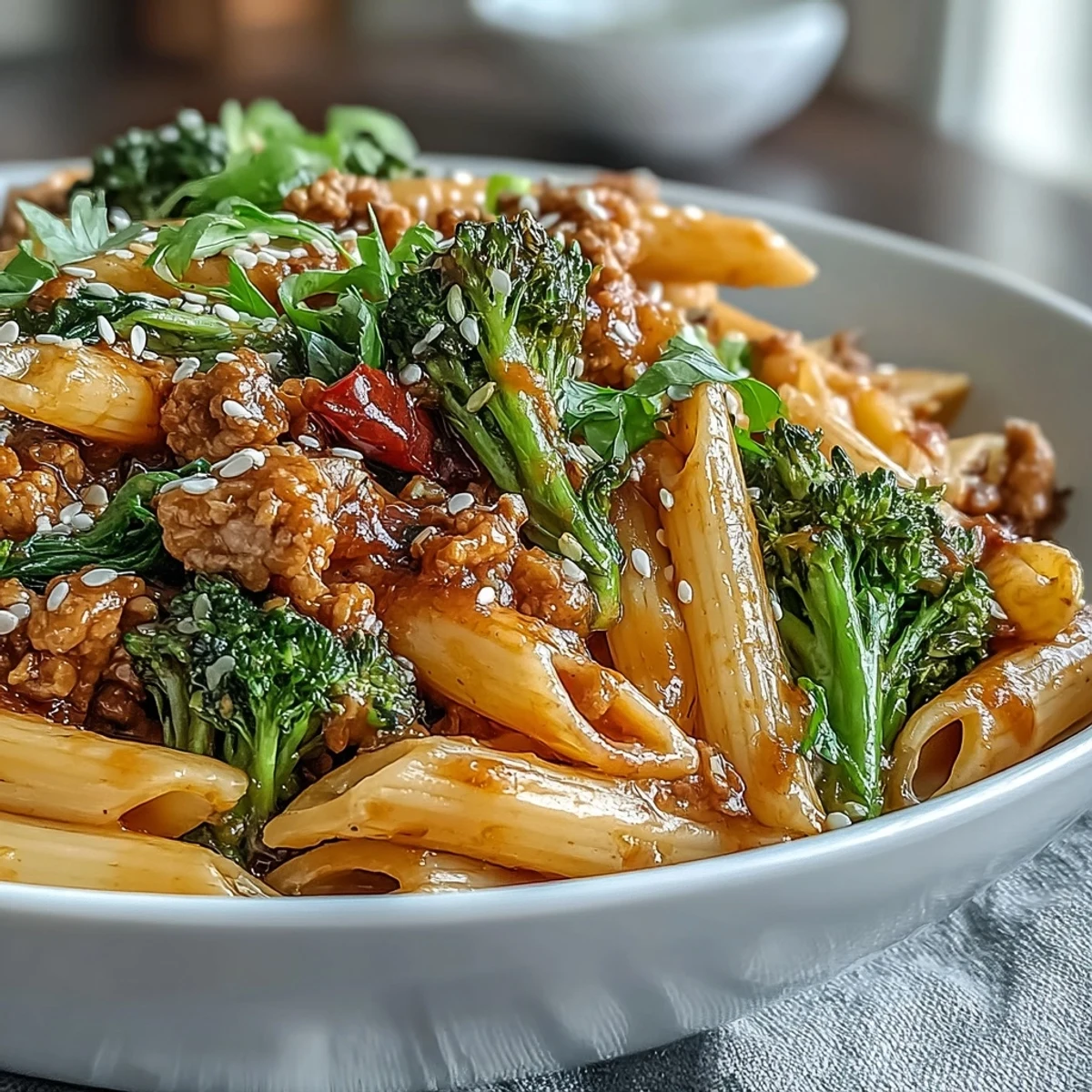 Freshly plated Sweet & Spicy Turkey Broccoli Pasta garnished with sliced green onions and sesame seeds, served hot as a vibrant weeknight dinner main dish.