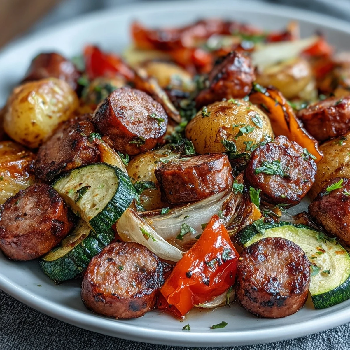 Golden-brown Smoky Sheet Pan Sausage & Veggies with Naan on a sheet pan with garlic butter brushed naan on the side.