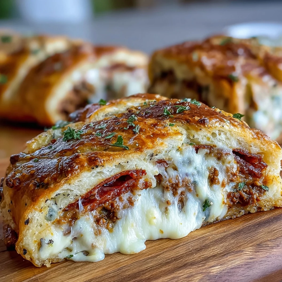 Freshly baked Baked High-Protein Pepperoni Stromboli reveals melted mozzarella and hearty ground beef under a flaky, egg-washed crust.