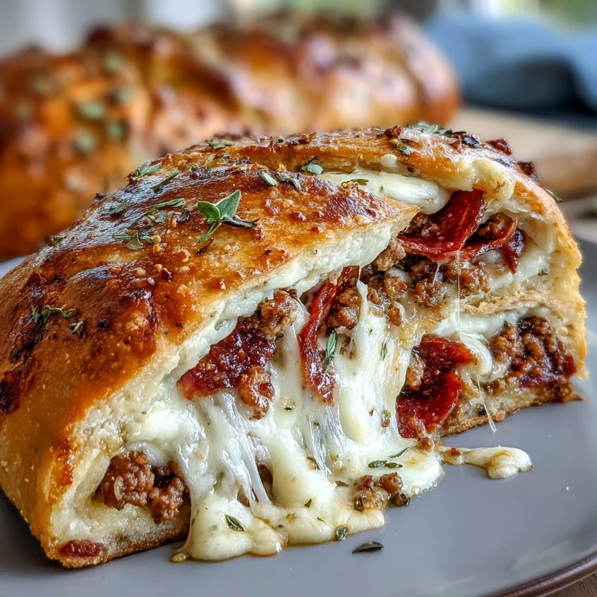 Close-up of the Baked High-Protein Pepperoni Stromboli showing steamy, savory layers of pepperoni and beef on a marble countertop.