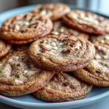 Golden Brown Butter Hojicha & Earl Grey Cookies stacked on a plate beside a cup of tea.
