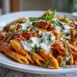 Roasted red peppers blend into a luscious cream sauce, tossed with al dente pasta and finished with torn burrata.