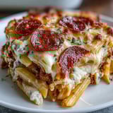 Freshly baked High-Protein Pizza Pasta Bake in a casserole dish, ready to serve with a crisp green salad.