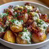 Creamy BBQ baby shower loaded baked potato salad with crispy bacon and melted cheddar in a tangy BBQ dressing.  