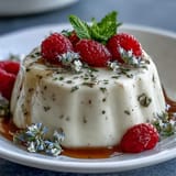 Silky honey lavender panna cotta with a delicate floral aroma, garnished with fresh berries and edible flowers.