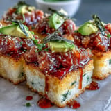 Spicy tuna crispy rice bites, showcasing crunchy texture and fresh garnishes.
