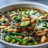 Hearty Spring Minestrone showcasing fresh green beans, peas, and carrots in a savory broth.
