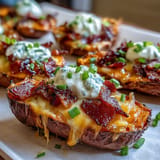 Golden loaded sweet potato skins topped with sour cream, a savory appetizer.