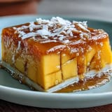 Refreshing layers of vibrant mango agar-agar and coconut milk dessert.
