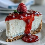 Creamy no-bake cheesecake, perfect for Mother's Day, drizzled with vibrant raspberry sauce.