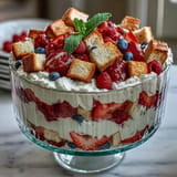Vibrant Red White Blue Berry Trifle showcasing juicy berries nestled in creamy, fluffy cake.