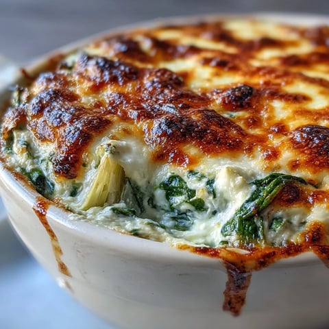 Baked spinach artichoke dip in a ceramic dish, golden and bubbly with melted cheese, served with crunchy tortilla chips and fresh veggies.