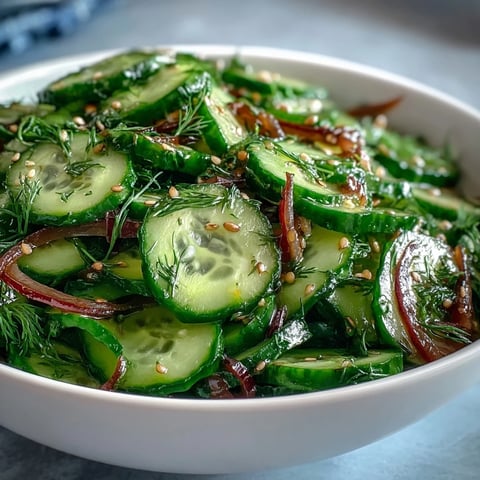 Refreshing Crunchy Cucumber Salad with crisp cucumbers and red onion, tossed in a tangy vinegar dressing and garnished with fresh dill.