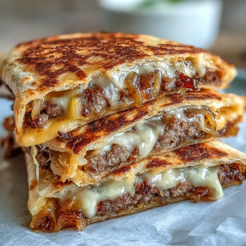 Golden-brown Cheesy Griddled Smashburger Quesadillas rest on a cutting board, overflowing with melted cheddar and American cheese.