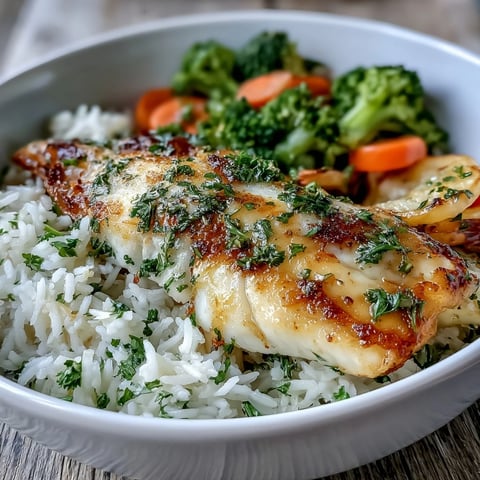 Golden-brown herb-baked tilapia fillets rest on fluffy white rice next to bright green broccoli and orange carrot slices.