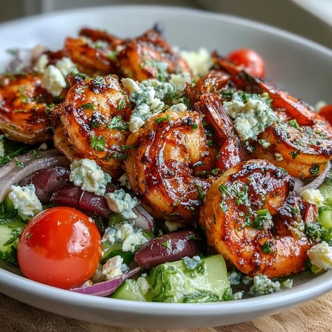 Freshly grilled shrimp over salad with feta and olives in a vibrant Greek Shrimp Bowl. 