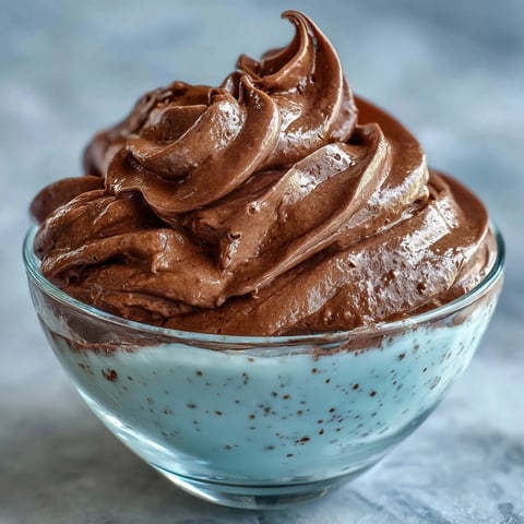 Fluffy chocolate protein fluff served in a clear glass bowl topped with fresh berries and chocolate chips.