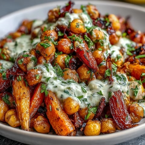 Golden roasted carrots and crispy chickpeas for the One-Pan Roasted Carrot and Chickpea Bowl, drizzled with creamy lemon-tahini dressing.