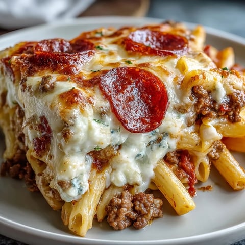 Golden, bubbling High-Protein Pizza Pasta Bake fresh from the oven, topped with crispy pepperoni and melted mozzarella.