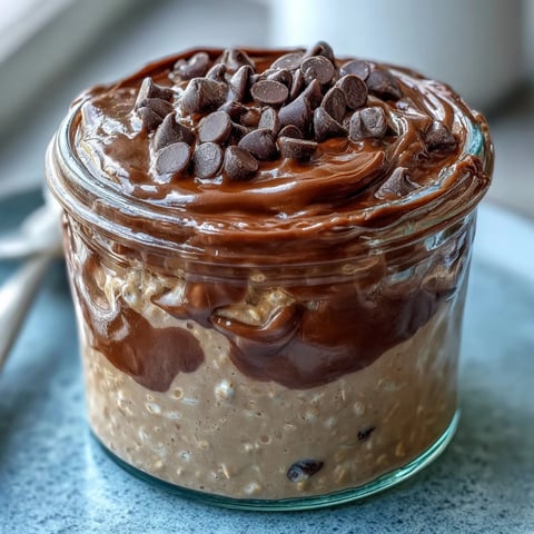 Peanut Butter Cup Overnight Oats layered with dark cocoa ganache and mini chocolate chips in a glass jar for a decadent breakfast.