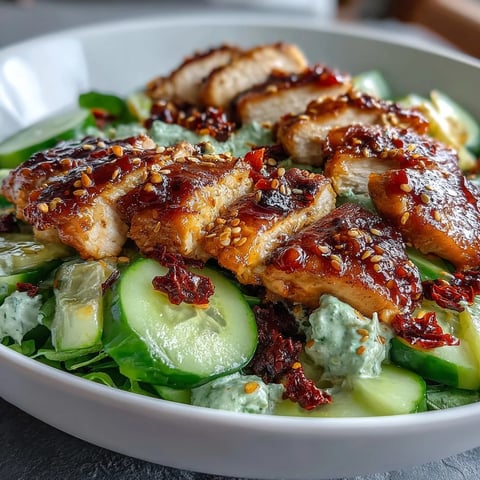 Close-up of TikTok Chili-Crisp Cucumber Chicken Bowls with seared sliced chicken over creamy cucumbers and rice.