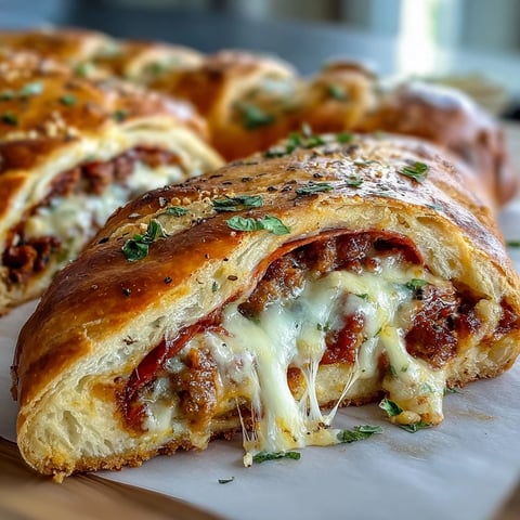 Golden-brown Baked High-Protein Pepperoni Stromboli sliced into thick, cheesy servings on a rustic wooden board, served with marinara dip.