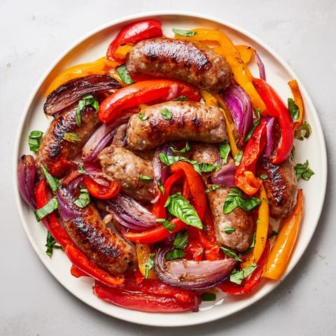 Browned Italian sausages nestled amidst caramelized vegetables in a sheet pan meal.