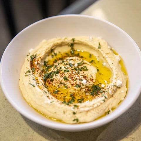 Bright, flavorful 5-Minute Homemade Hummus, ready for dipping with fresh pita bread and vegetables.