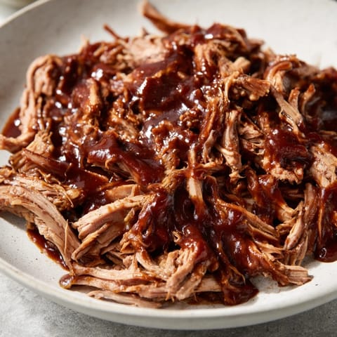 A close-up of slow-cooked 5-Ingredient BBQ Pulled Pork, showcasing rich, smoky flavors and perfect texture.