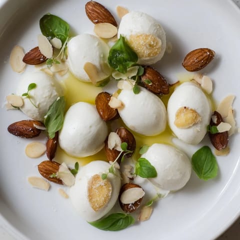 Artistically arranged The Polished Pebble plate, showcasing smooth mini mozzarella with rustic, crunchy roasted almonds.