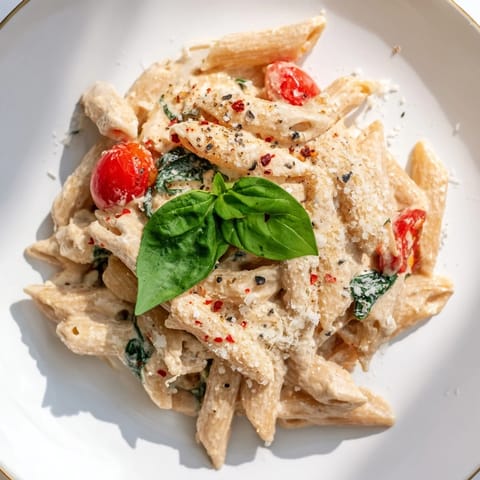 A close-up of a creamy Cottage Cheese High-Protein Creamy Pasta dish, ready to be enjoyed.