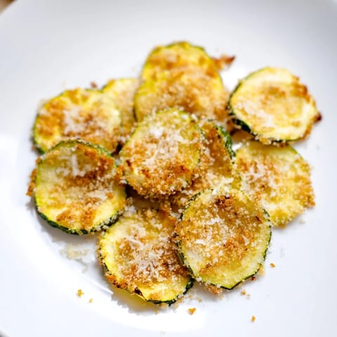 Crispy Zucchini Chips, lightly breaded and air-fried to a satisfying crunch, ready to enjoy as a snack.