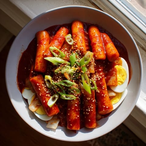 Steaming Korean Tteokbokki with chewy rice cakes and vibrant green onions in a rich, spicy gochujang sauce.