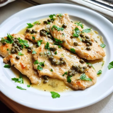 Golden-brown chicken piccata resting in a creamy lemon-caper sauce, garnished with fresh parsley on a rustic plate.