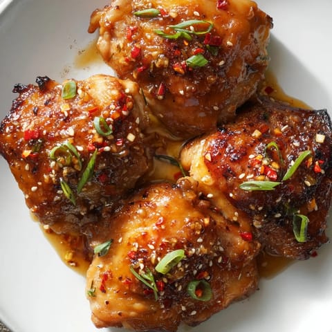Sticky honey garlic glazed chicken thighs with golden, caramelized skin served over steamed rice and fresh green onions.
