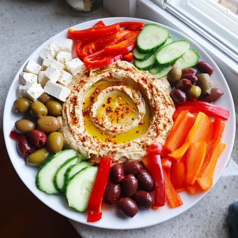 A vibrant Middle Eastern Mezze Platter showcases creamy hummus, feta, olives, and warm pita triangles for sharing.
