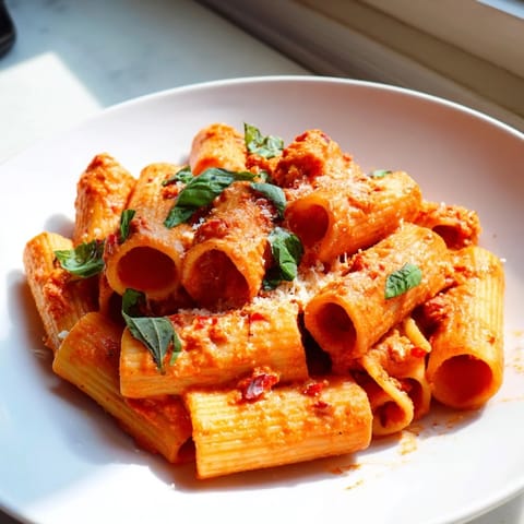 A close-up of saucy rigatoni pasta coated in velvety tomato cream, topped with grated Parmesan cheese.  