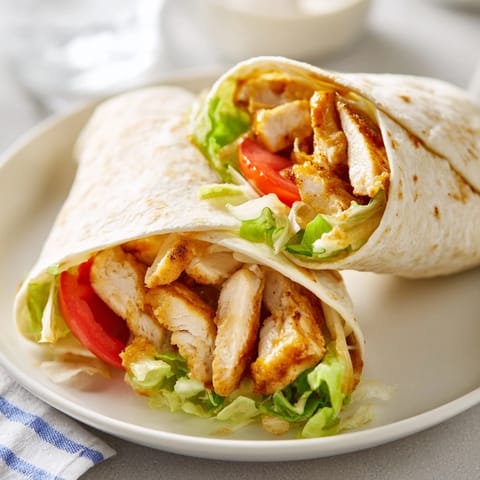 Hearty Honey Mustard Chicken Wrap cut in half, revealing juicy grilled chicken, tangy honey-mustard dressing, and fresh tomato on a whole wheat tortilla.  