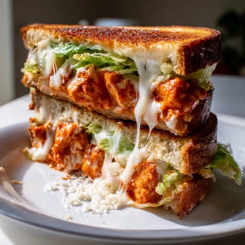 Buffalo Chicken Caesar Grilled Cheese on a rustic cutting board, with fresh romaine and extra drizzle for a flavorful, indulgent serving.
