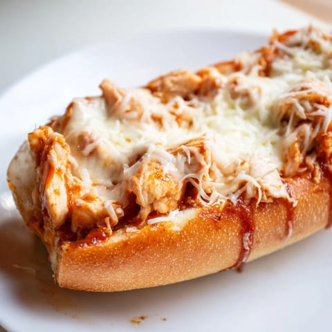 A close-up of Chicken Parm Stuffed Garlic Bread with gooey cheese pull, golden crust, and rich red marinara sauce.  