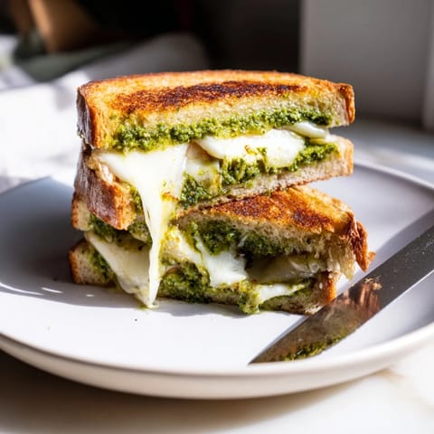 Fresh pea and basil pesto creates a bright, vegetarian filling inside buttery, grilled sourdough bread.  