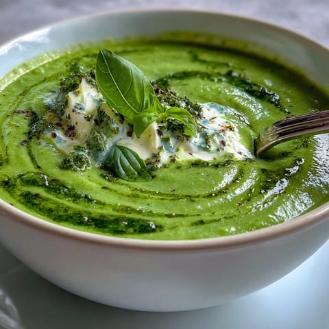 Courgette, Pea and Pesto Soup served hot in a rustic ceramic bowl, perfect for a light vegetarian lunch.