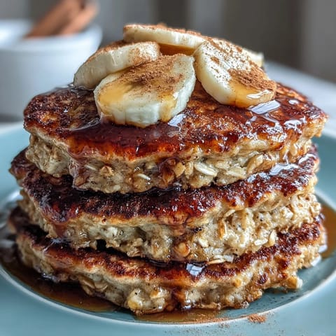 Golden brown banana oat pancakes stacked high, drizzled with maple syrup.