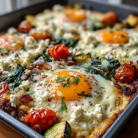 Golden High-Protein Sheet Pan Eggs with vibrant veggies, perfect breakfast.